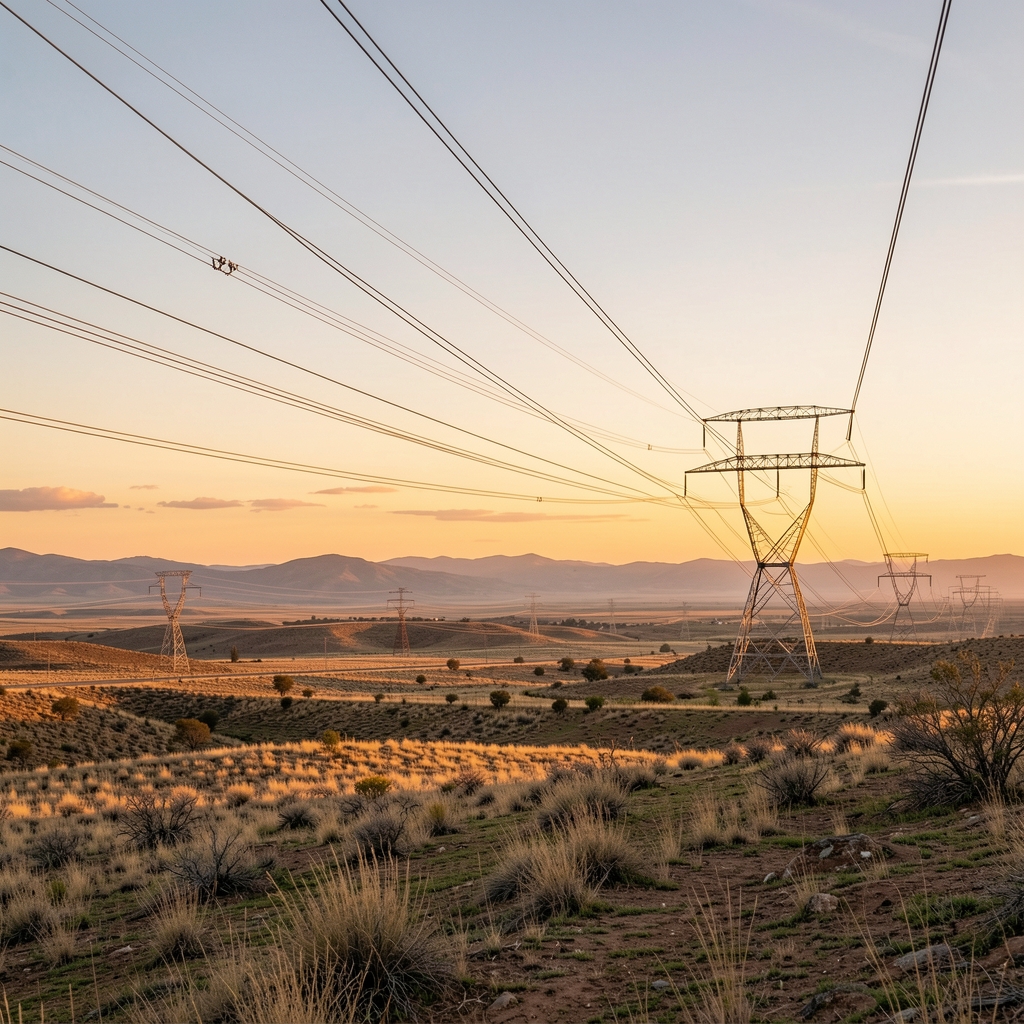 Líneas de alta tensión atravesando un paisaje argentino al amanecer sin personas
